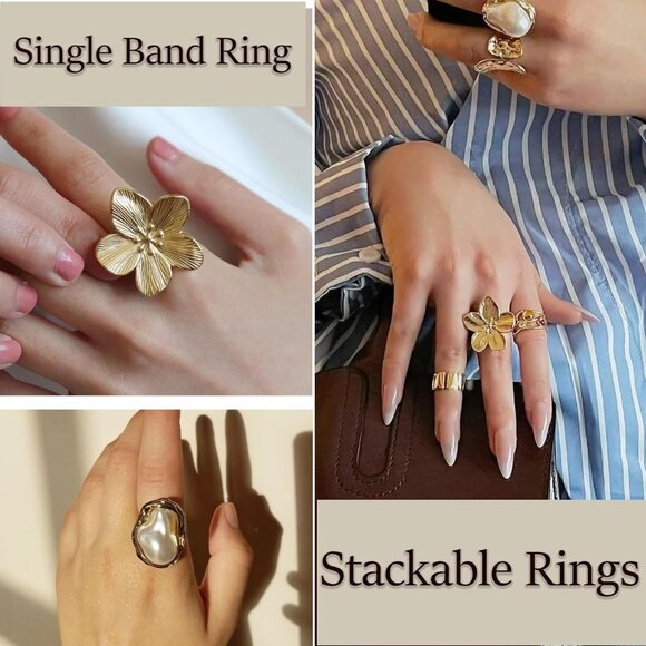 Women's Non Tarnish Statement Flower Ring12 PCS Chunky Gold Rings Big Knuckle - Picture 4 of 6